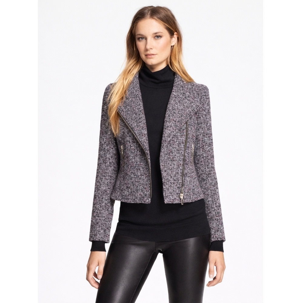 Theory Kinde Space Prospect Tweed Asymmetric Two-way Front Zip Moto Jacket Sz 4